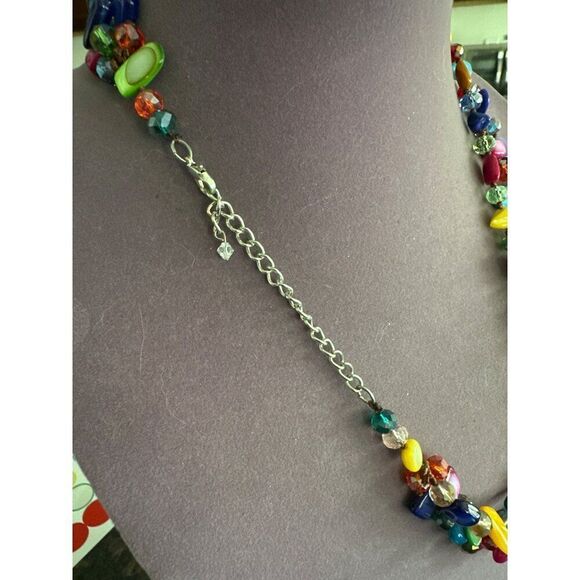 Multicolor Beaded Statement Necklace 3-Strand Design With Adjustable Chain For W - Picture 3 of 3